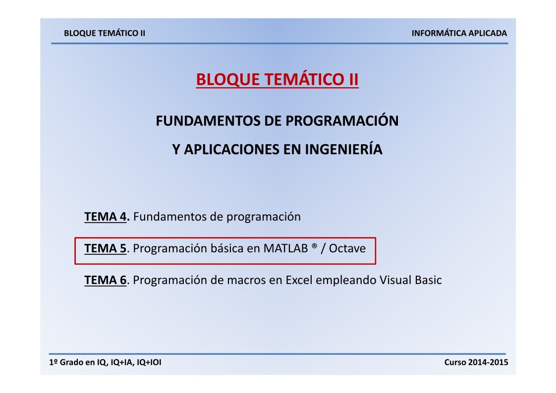 Imágen de pdf Tema 5 - Programación básica en MATLAB / Octave